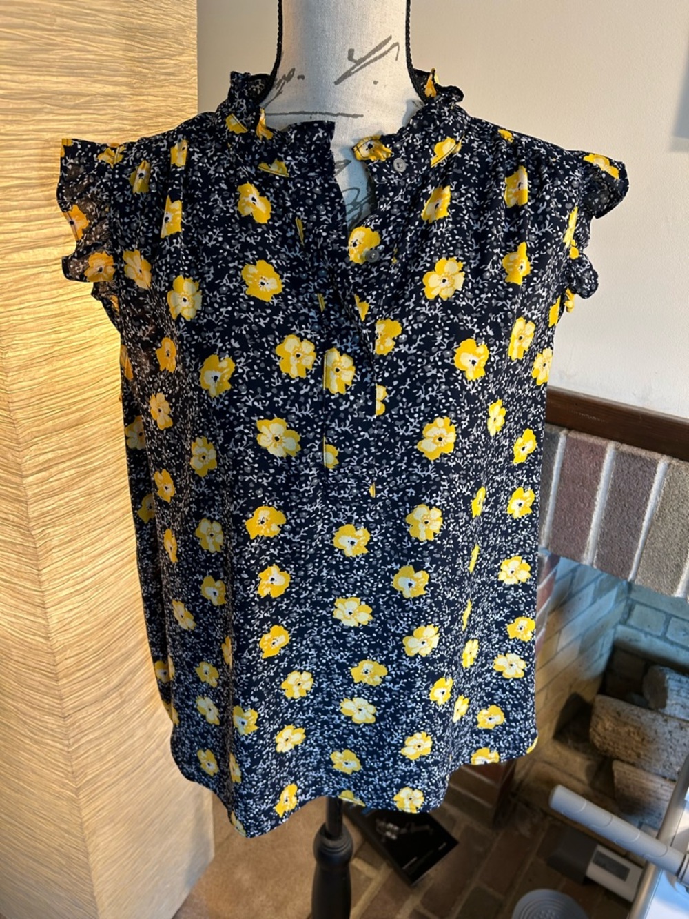 LOFT Navy Blue Floral Ruffle Cap Sleeve Blouse with Yellow Flowers